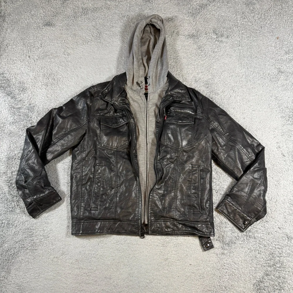 Levi's Mens Faux Leather Hooded Jacket Medium Black Faux Fur Lined Moto Coat
